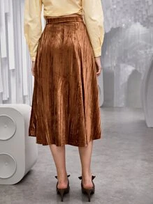 SHEIN Unity 素色傘狀絲絨半身裙 - 棕色 - 查看 10