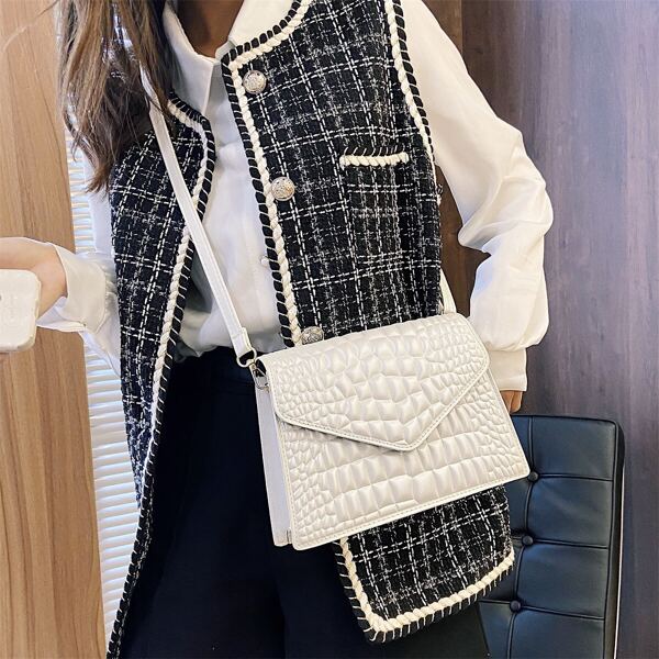 

Minimalist Croc Embossed Crossbody Bag, White