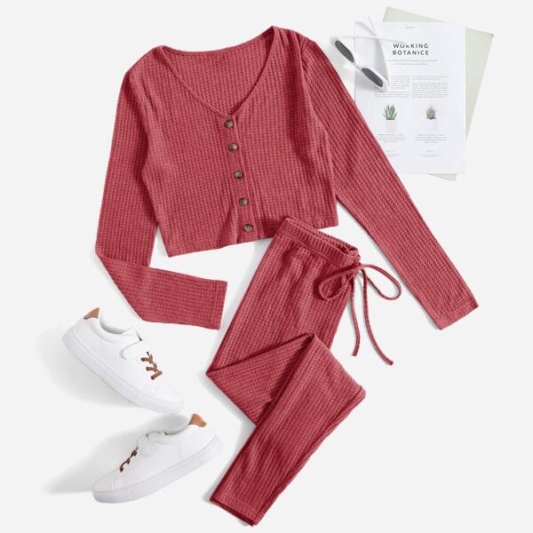 

Button Front Tee And Leggings Set, Rusty rose