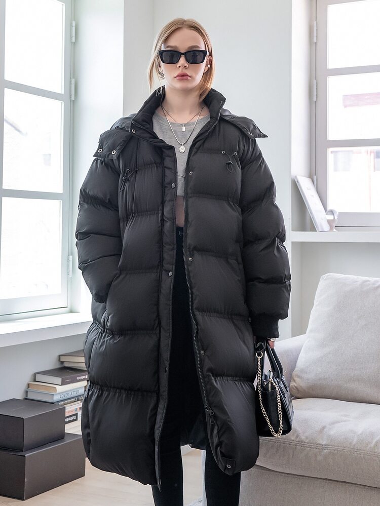 SHEIN COLDBREAK Zipper Hooded Longline Padded Coat - Black - View 5