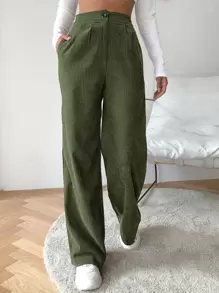 SHEIN EZwear 高腰燈芯絨寬腿褲子 - 軍綠色 - 查看 1