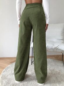 SHEIN EZwear 高腰燈芯絨寬腿褲子 - 軍綠色 - 查看 2