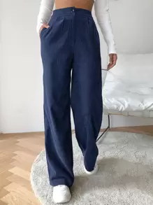 SHEIN EZwear High Waist Cord Wide Leg Pants - Navy Blue - View 1