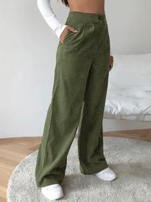 SHEIN EZwear 高腰燈芯絨寬腿褲子 - 軍綠色 - 查看 3