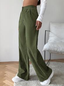 SHEIN EZwear 高腰燈芯絨寬腿褲子 - 軍綠色 - 查看 4