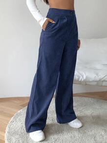 SHEIN EZwear High Waist Cord Wide Leg Pants - Navy Blue - View 3