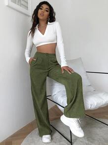 SHEIN EZwear 高腰燈芯絨寬腿褲子 - 軍綠色 - 查看 5