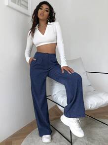 SHEIN EZwear High Waist Cord Wide Leg Pants - Navy Blue - View 5