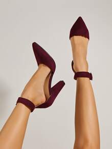 Minimalist Ankle Strap Chunky Pumps - Burgundy - View 1