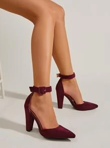 Minimalist Ankle Strap Chunky Pumps - Burgundy - View 2