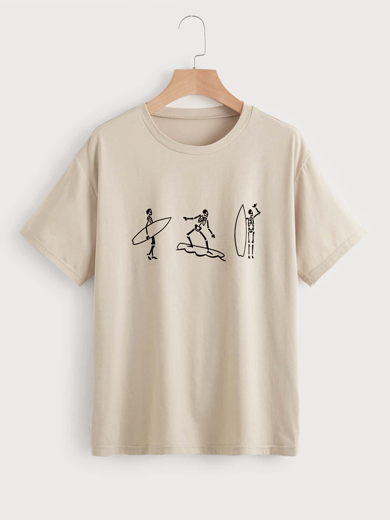 SHEIN EZwear 骷髅圖案T恤 - 卡其色 - 查看 1