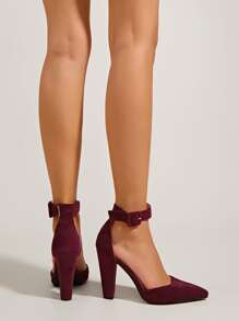 Minimalist Ankle Strap Chunky Pumps - Burgundy - View 5