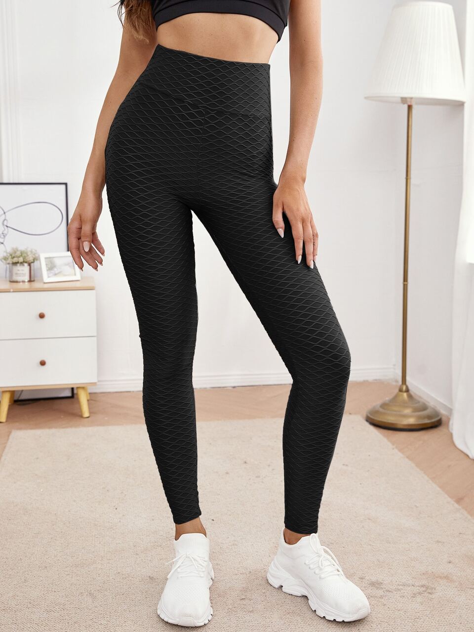 Textured Wide Waistband Solid Sports Leggings Yoga Women Pants