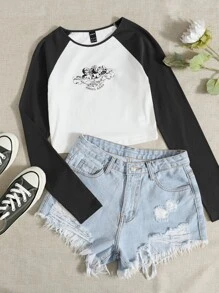 SHEIN EZwear 天使和字母圖案插肩袖上衣 - 白色 - 查看 1