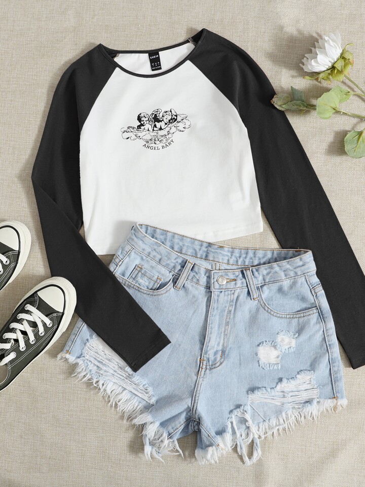 SHEIN EZwear プラス 日本語文字＆フローラルプリント ラグラン