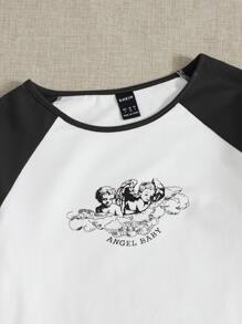 SHEIN EZwear 天使和字母圖案插肩袖上衣 - 白色 - 查看 3