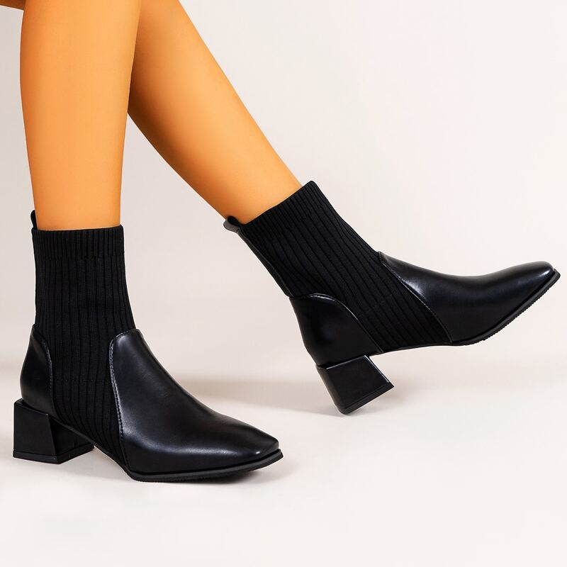 

Minimalist Chunky Heeled Sock Boots, Black