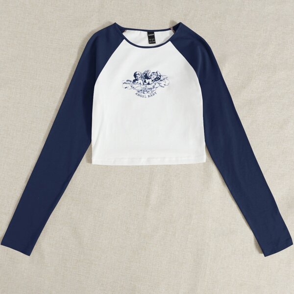 

Angel & Letter Graphic Raglan Sleeve Top, Multicolor