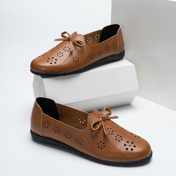 

Hollow Out Bow Decor Flats, Brown