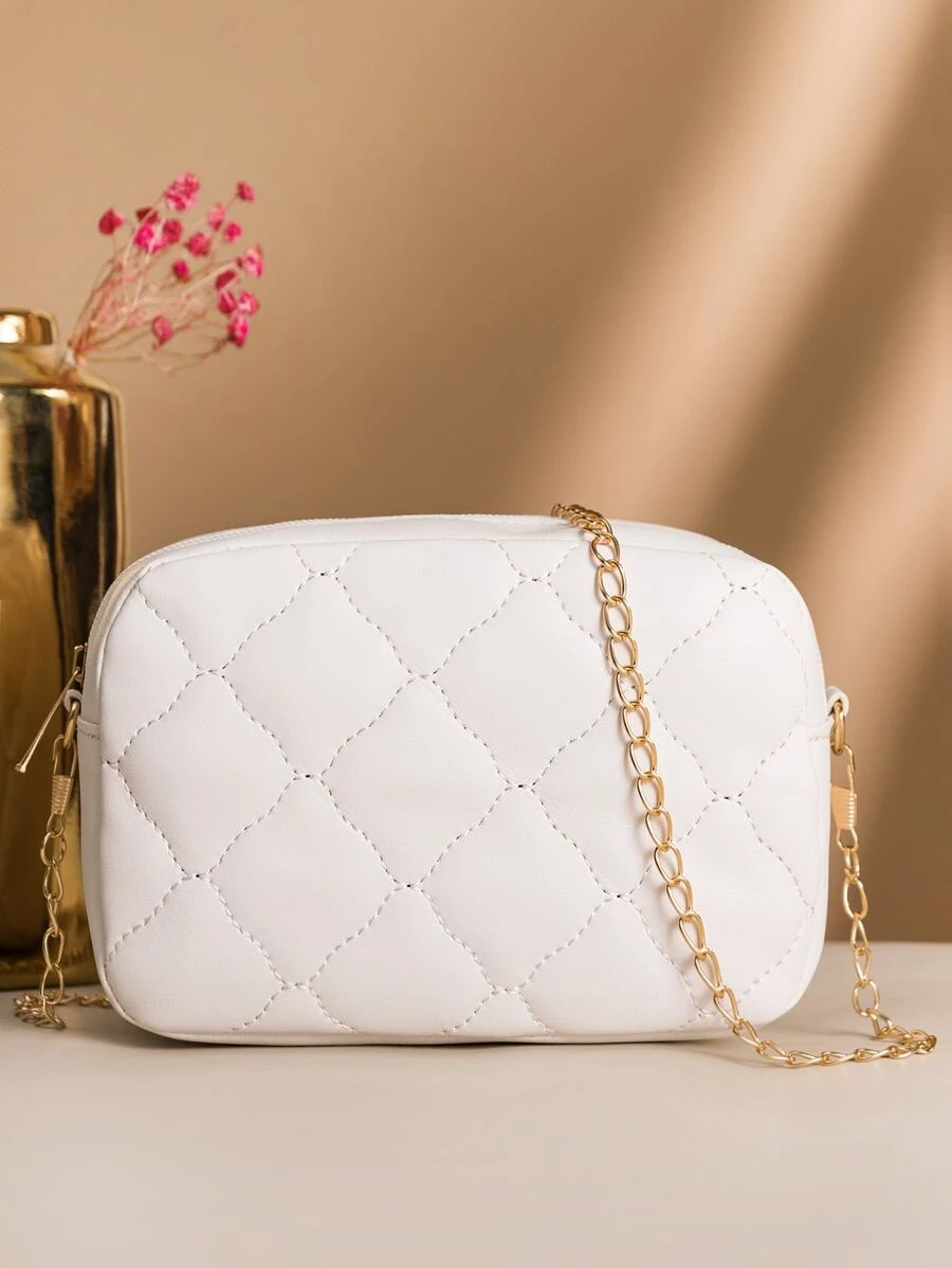 Mini Quilted Chain Crossbody Bag - White - View 1