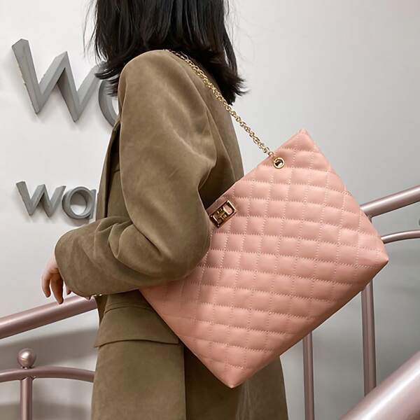 

Quilted Embossed Chain Shoulder Tote Bag, Pink