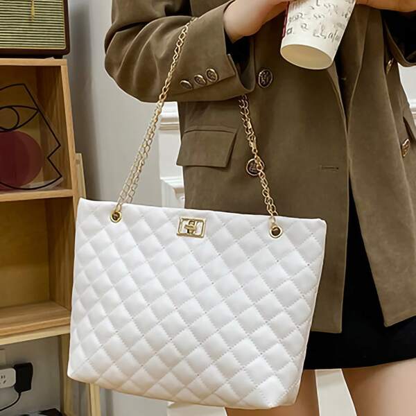 

Quilted Embossed Chain Shoulder Tote Bag, White