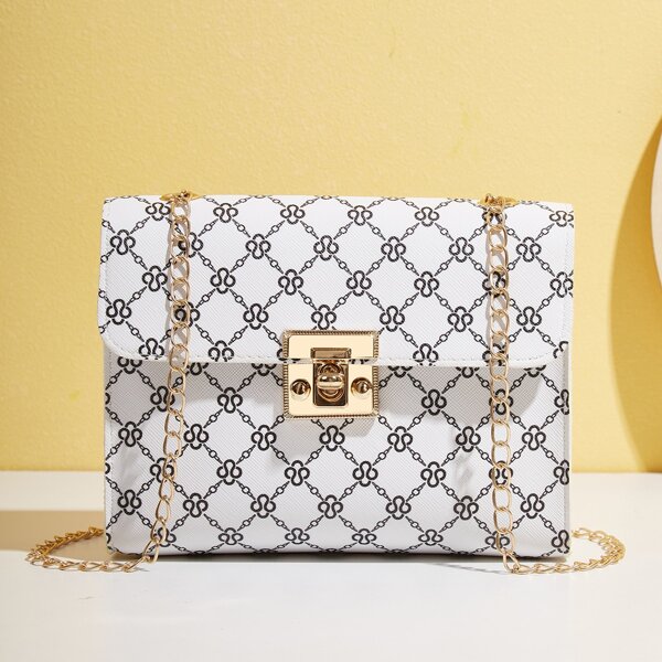 

Floral Flap Chain Crossbody Bag, Black and white