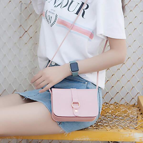 

Studded & Ring Decor Crossbody Bag, Pink
