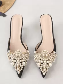 Zuecos de mujer de moda con decoración de perlas falsas y strass para otoño/invierno, en color negro, con decoración de perlas falsas y strass. Elegante, para fiesta, San Valentín - Negro - Ver 4