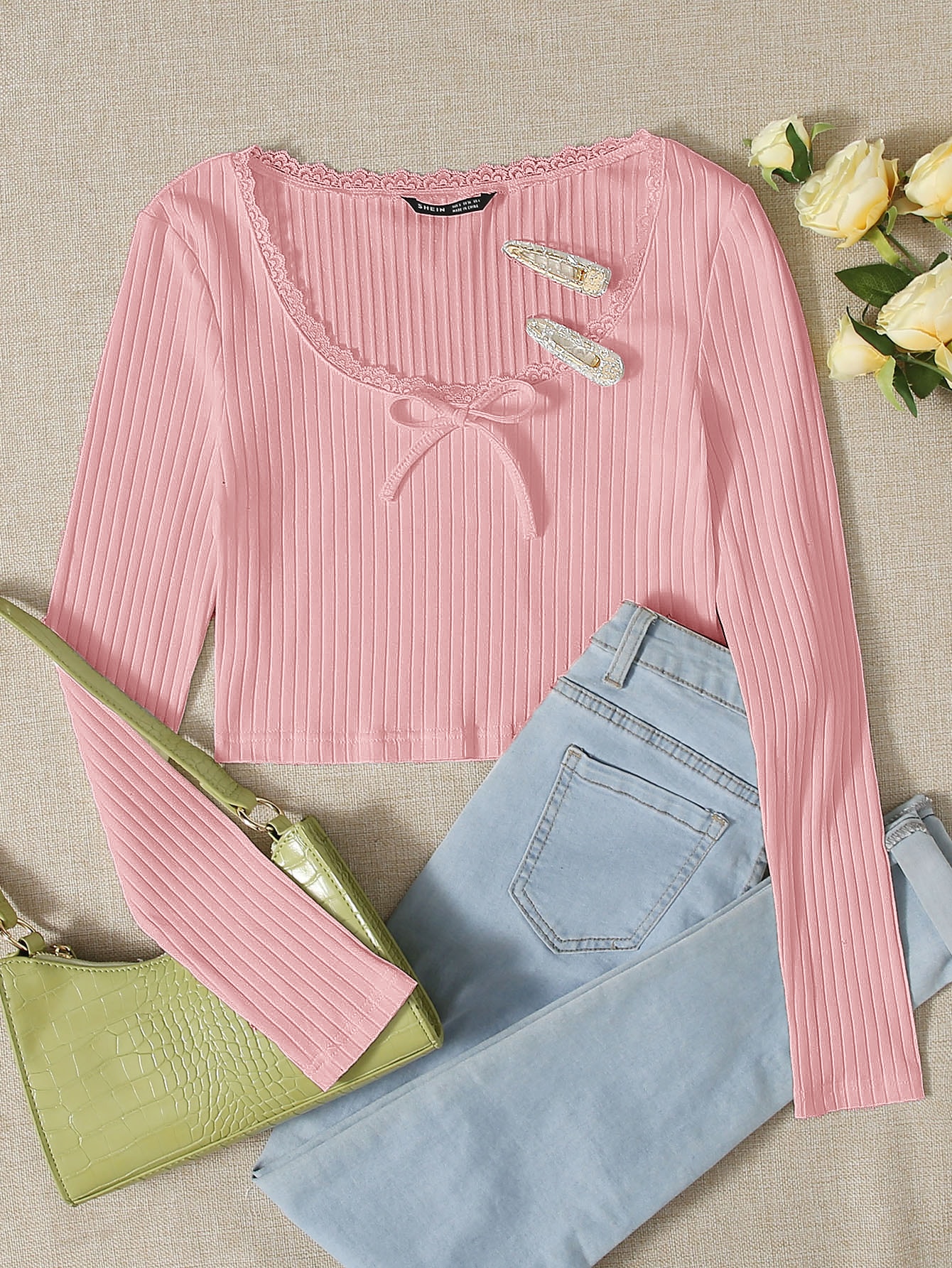 Lace trim bow front top