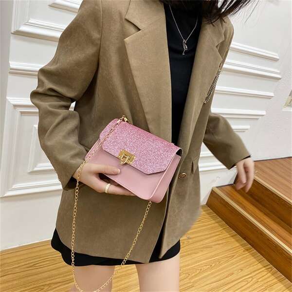 

Metallic Detail Chain Bag, Pink