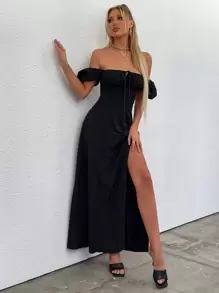PARTHEA Puff Sleeve Tie Front Off Shoulder Slit Thigh Dress Black Elegant Summer - Black - View 4