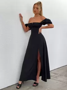 PARTHEA Puff Sleeve Tie Front Off Shoulder Slit Thigh Dress Black Elegant Summer - Black - View 7