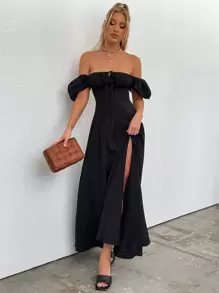 PARTHEA Puff Sleeve Tie Front Off Shoulder Slit Thigh Dress Black Elegant Summer - Black - View 6
