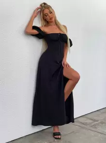 PARTHEA Puff Sleeve Tie Front Off Shoulder Slit Thigh Dress Black Elegant Summer - Black - View 5