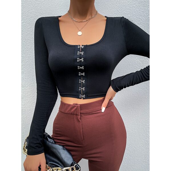 

Ribbed Knit Hook And Eye Front Crop Top, Black