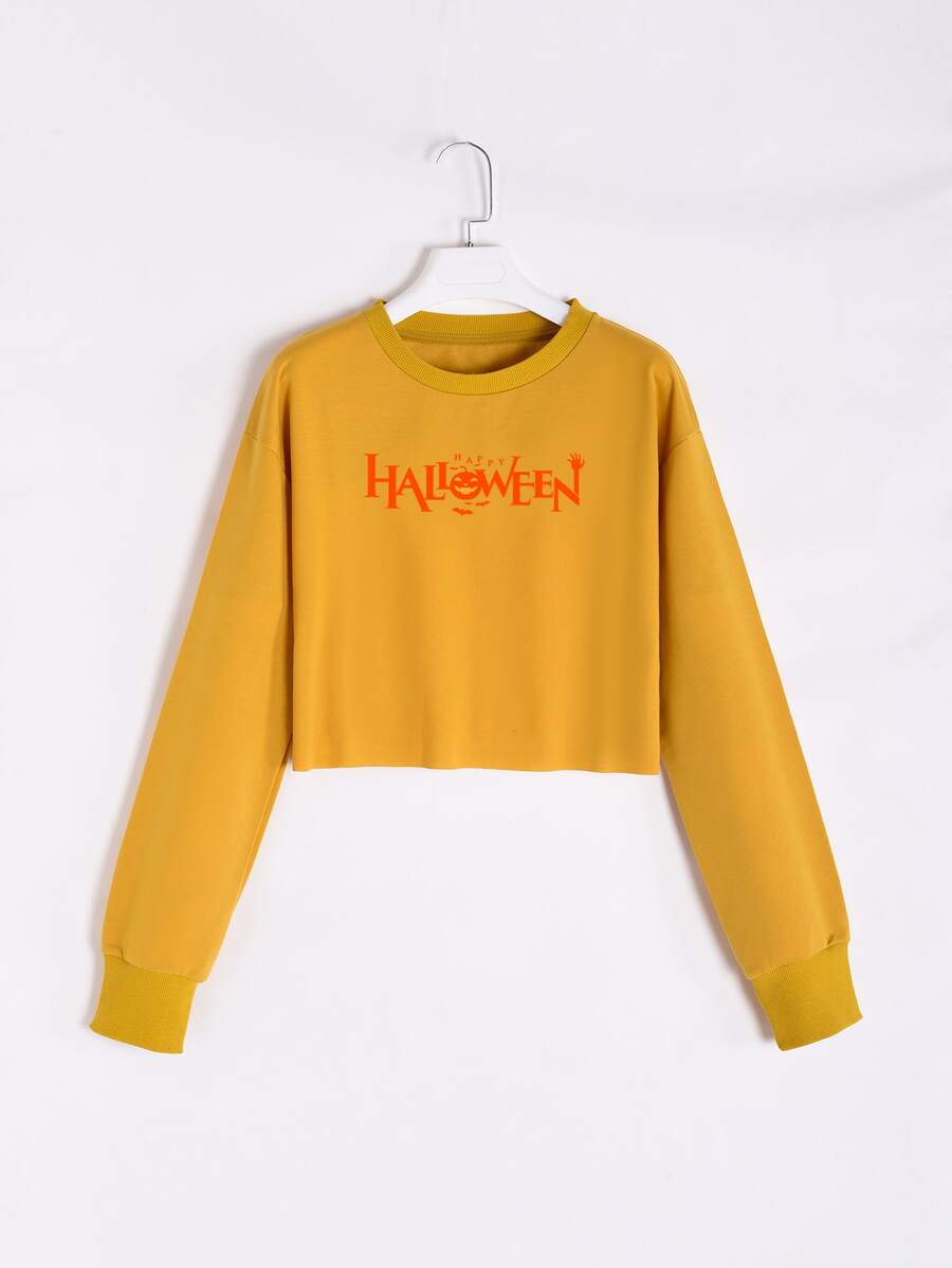Letter And Halloween Print Drop Shoulder Crop Sweatshirt - Mustard Yellow - View 1