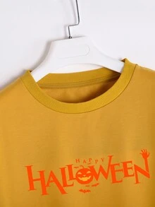 Letter And Halloween Print Drop Shoulder Crop Sweatshirt - Mustard Yellow - View 3