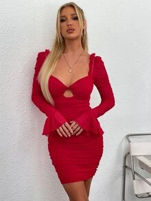 PARTHEA Đầm Lộ Lưng Cắt ra Xù nhỏ Xù Dây kéo Thiết kế hai lớp Nếp gấp Phần Ngực màu trơn Thanh lịch - Đỏ - Xem 5