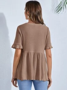 SHEIN 孕婦荷葉袖荷葉邊下擺T恤 - 駝色 - 查看 2