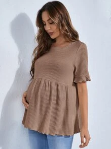 SHEIN 孕婦荷葉袖荷葉邊下擺T恤 - 駝色 - 查看 4