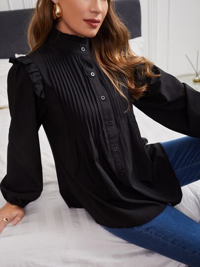 Modelyn Frill Neck Pleated Button Up Blouse Fall Cloth For Women