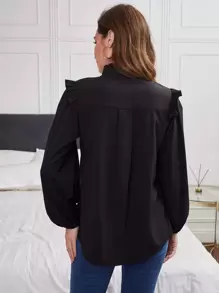 Modelyn Frill Neck Pleated Button Up Blouse Fall Cloth For Women - Black - View 2
