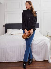 Modelyn Frill Neck Pleated Button Up Blouse Fall Cloth For Women - Black - View 4