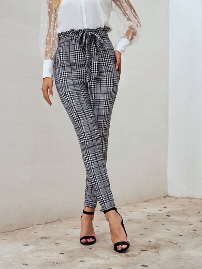 Glen Plaid Paperbag Waist Belted Skinny Pants