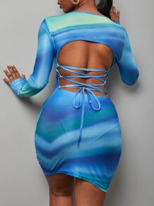 SHEIN SXY Tie Dye Lace Up Back Bodycon Dress - Multicolor - View 1