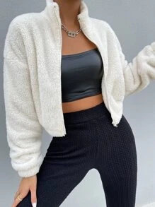 Chiquease Drop Shoulder Zip Up Jacket Fall Winter Cloth For Women - White - View 1