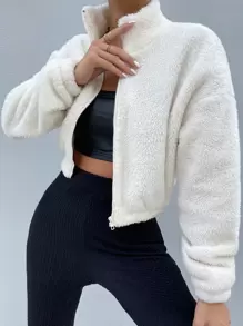 Chiquease Drop Shoulder Zip Up Jacket Fall Winter Cloth For Women - White - View 3