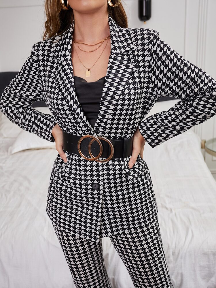 Houndstooth Lapel Neck Blazer & Pants - Black and White - View 3