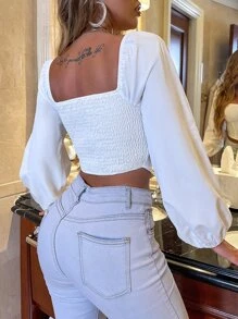 SHEIN Clasi 燈籠袖後背打褶露肩短上衣 - 白色 - 查看 2